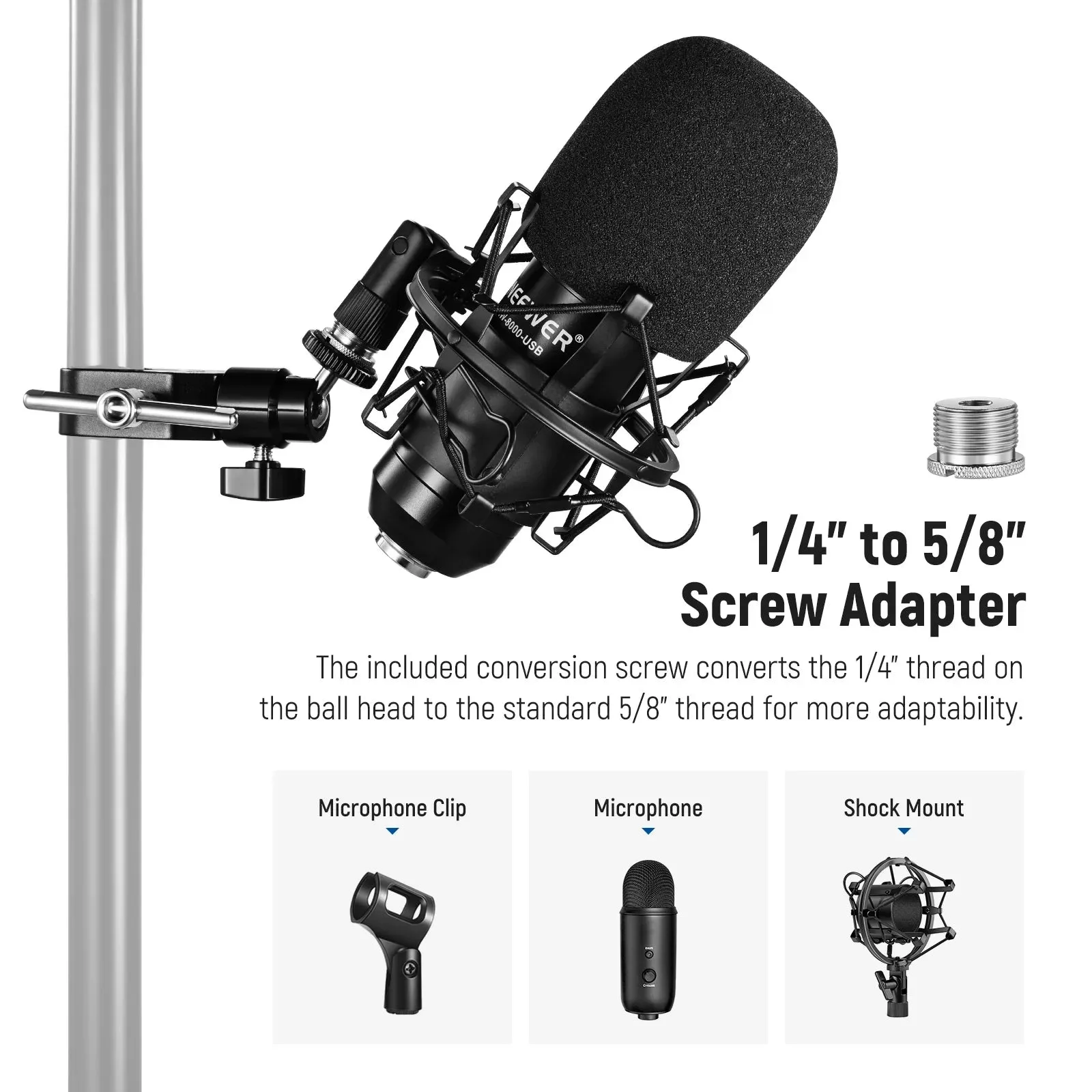 Articulated Mini Ball Head with Super Clamp Mic Mount 1/4 to 5/8 Thread for Camera Cage and Microphones