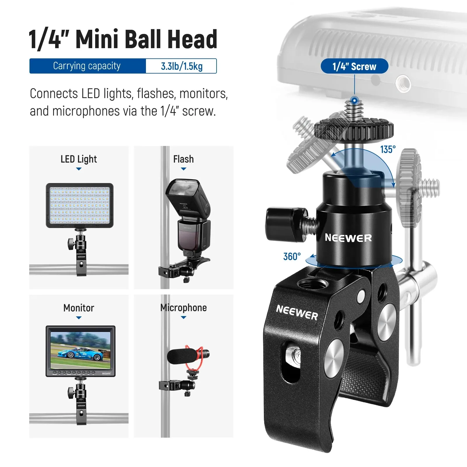 Articulated Mini Ball Head with Super Clamp Mic Mount 1/4 to 5/8 Thread for Camera Cage and Microphones