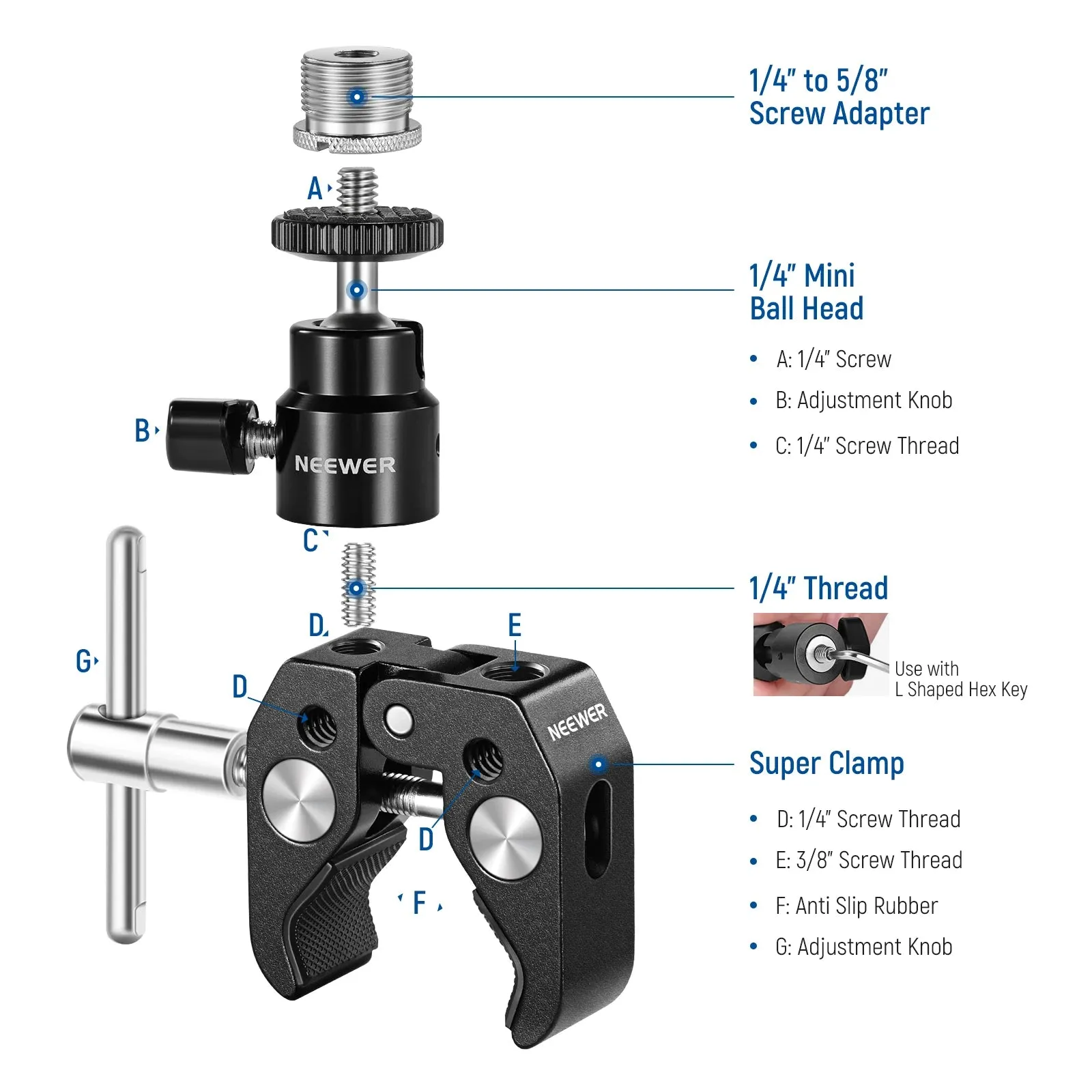 Articulated Mini Ball Head with Super Clamp Mic Mount 1/4 to 5/8 Thread for Camera Cage and Microphones