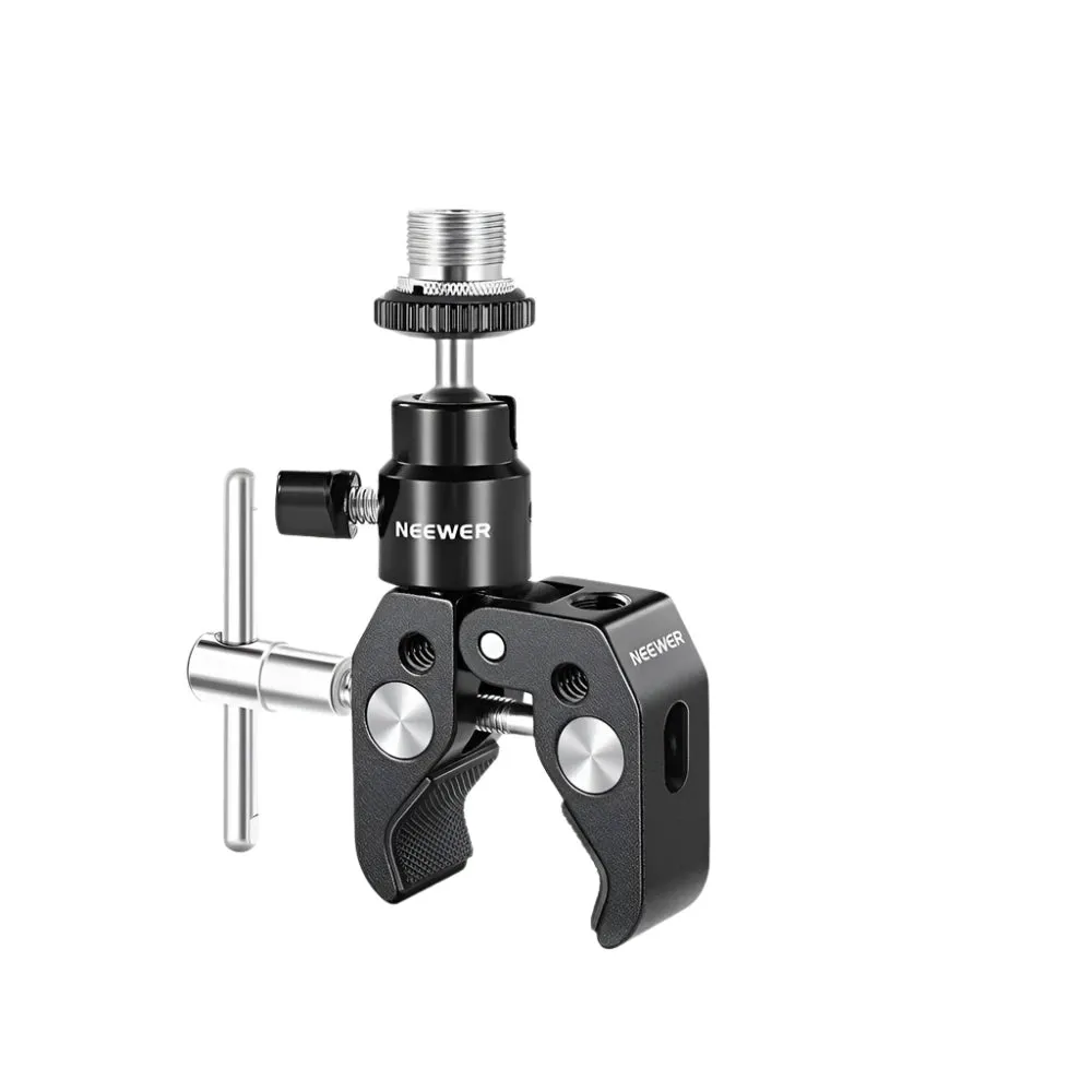 Articulated Mini Ball Head with Super Clamp Mic Mount 1/4 to 5/8 Thread for Camera Cage and Microphones
