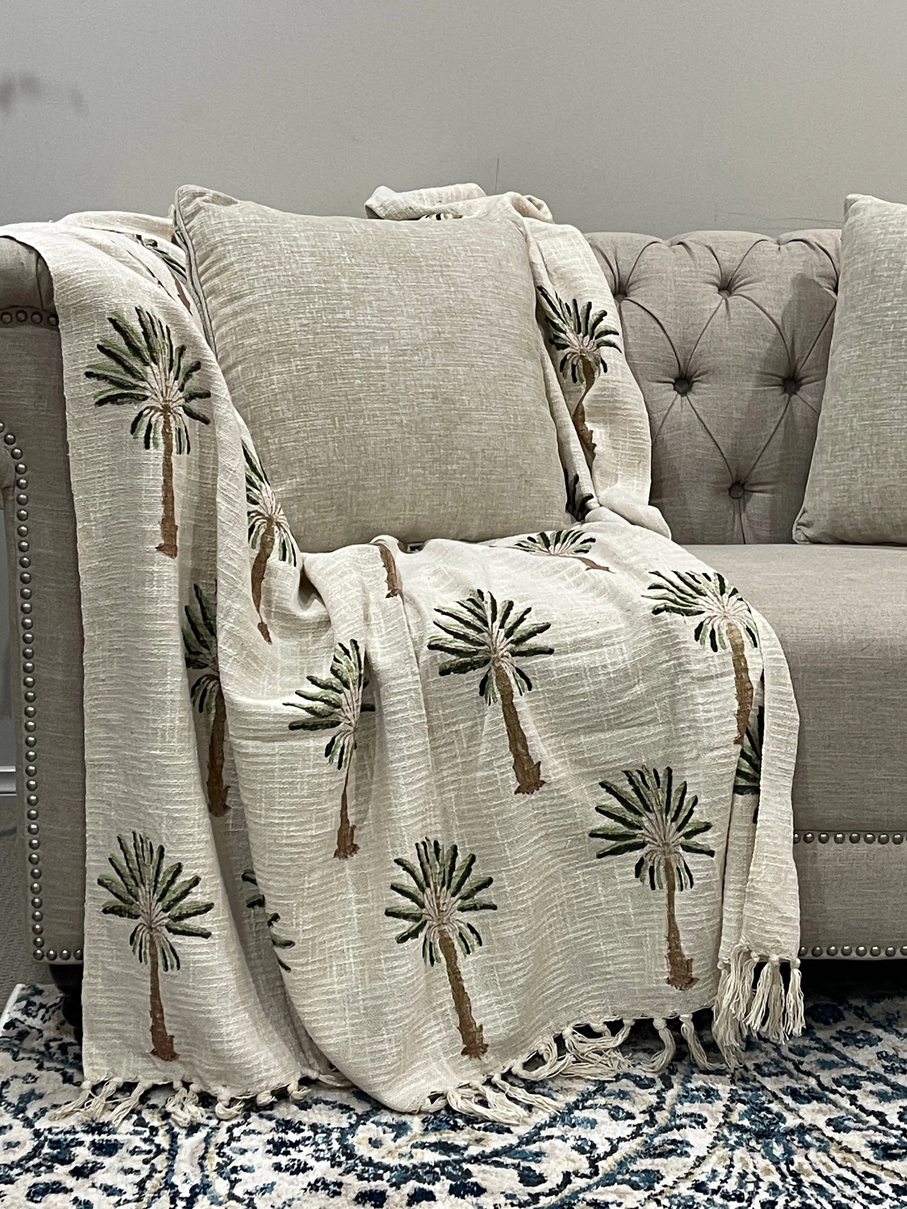 Bohemian Cotton Hand Block Palm Tree Bedding Throw Blanket