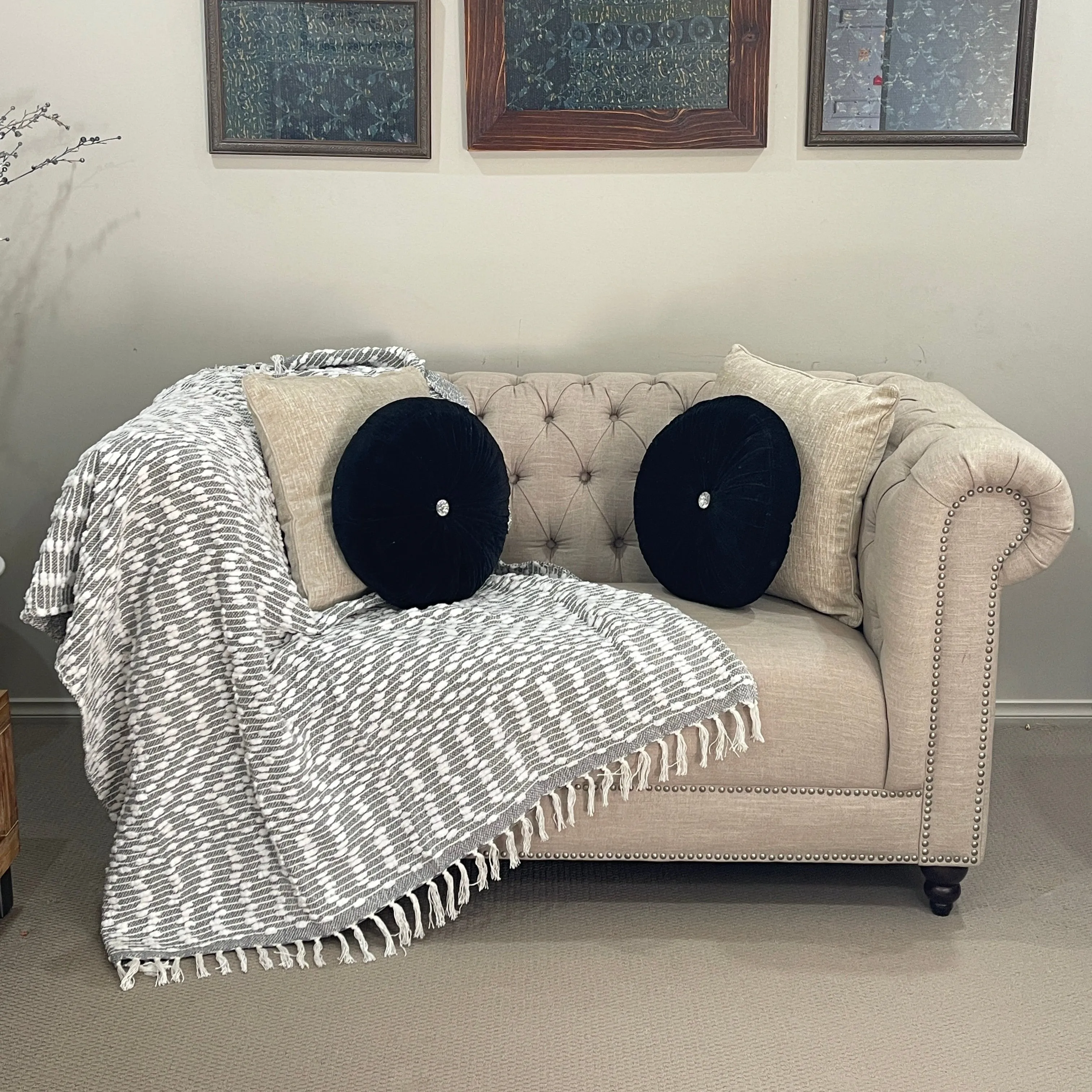 Bohemian Grey Cotton Bedding Tufted Throw Blanket