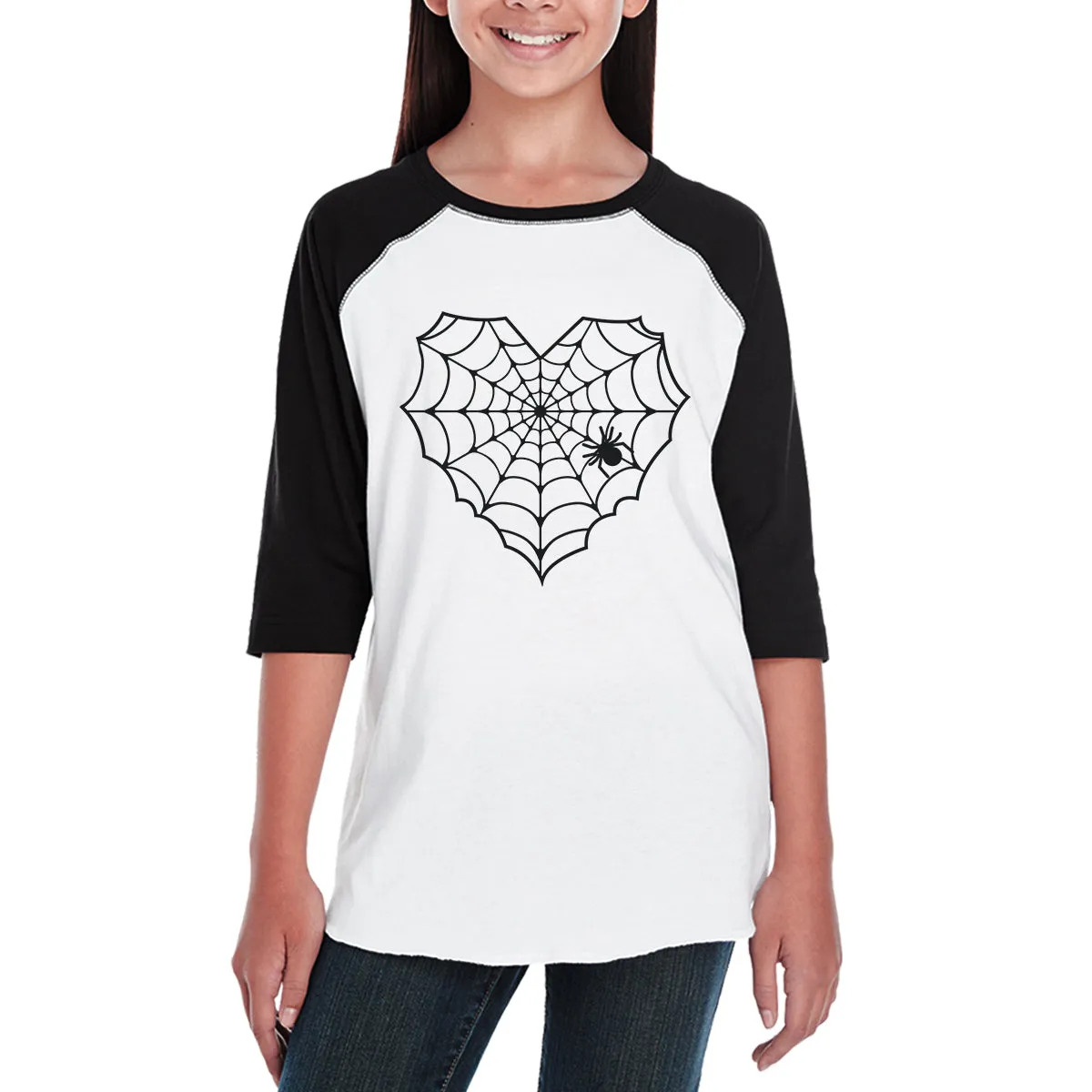 Heart Spider Web Kids Black And White Baseball Shirt