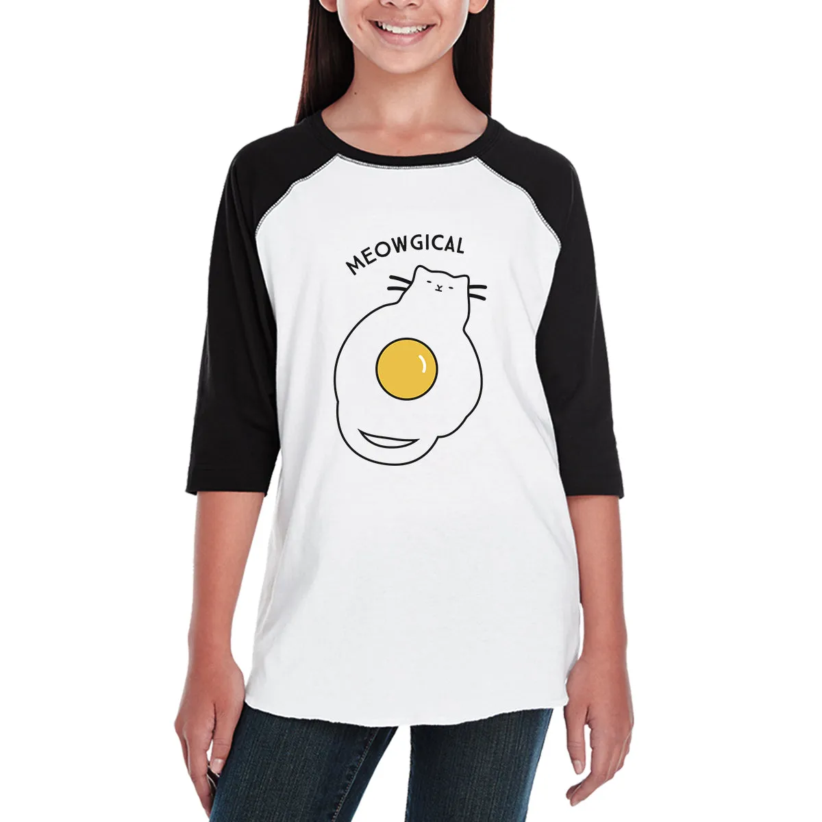 Meowgical Cat And Fried Egg Kids Black And White Baseball Shirt