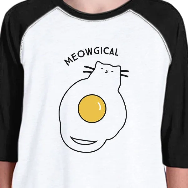 Meowgical Cat And Fried Egg Kids Black And White Baseball Shirt