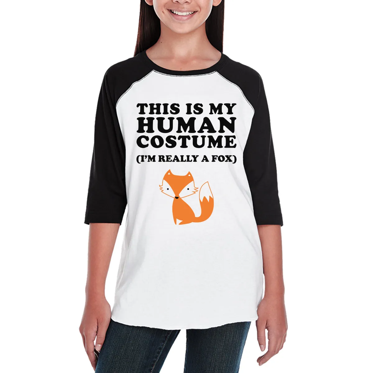 This Is My Human Costume Fox Kids Black And White Baseball Shirt