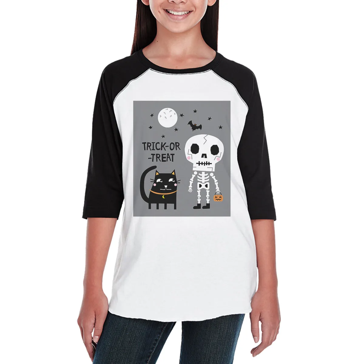 Trick-Or-Treat Skeleton Black Cat Kids Black And White BaseBall Shirt