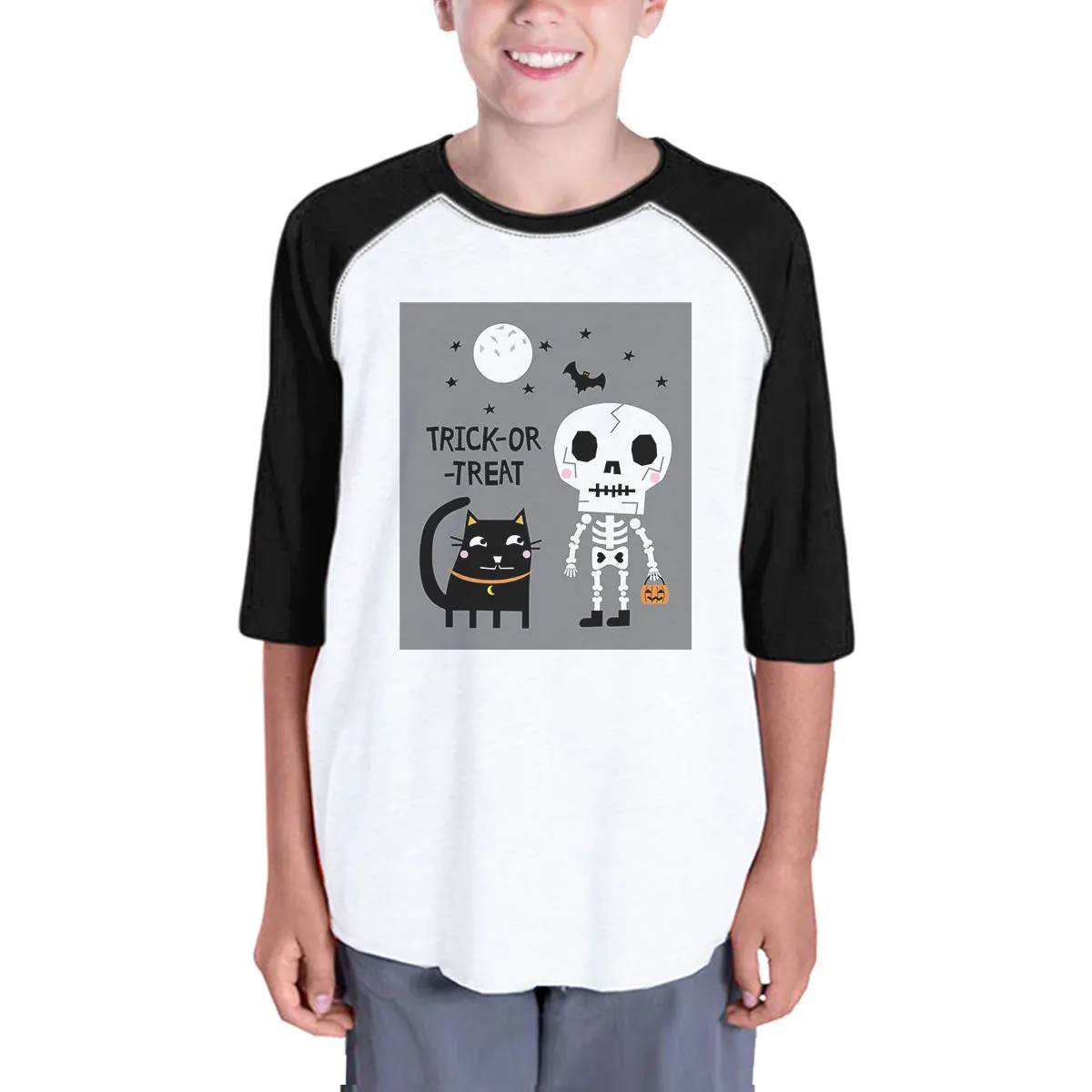 Trick-Or-Treat Skeleton Black Cat Kids Black And White BaseBall Shirt