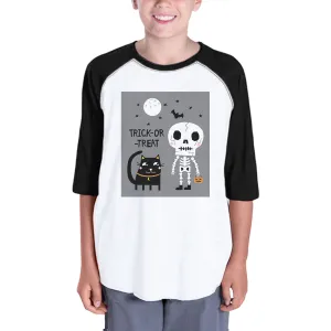Trick-Or-Treat Skeleton Black Cat Kids Black And White BaseBall Shirt